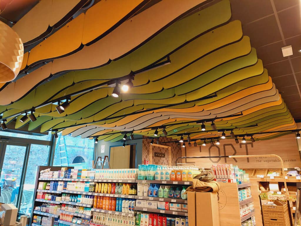 01 Decho Style sound absorbing double sided upholstered coloured baffles